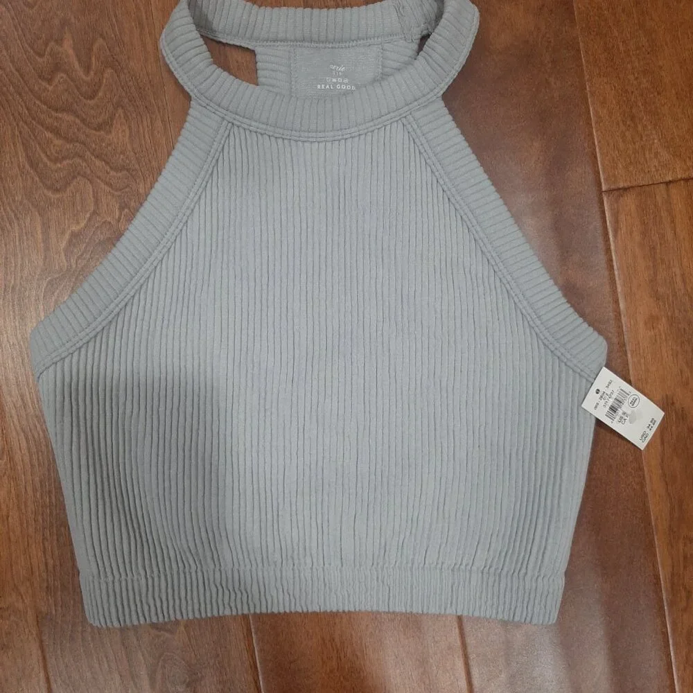 Aerie light grey minimalist ribbed halter sports bra crop top - Picture 13 of 13